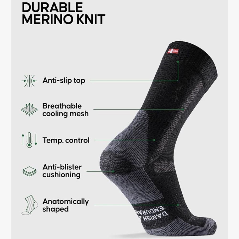 Danish Endurance Hiking Socks, Merino Wool Socks, Black Large 2‎ Pack NWT in pkg